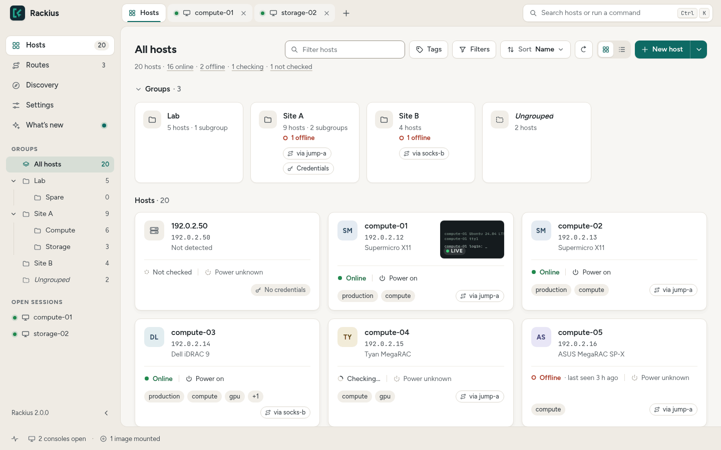 The Rackius host list: groups with routes and credentials, and host cards showing status, power, tags and a live console thumbnail